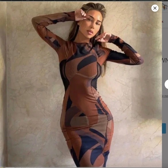House of CB 'Cassidy' Brown Mesh Printed Long Sleeve Midi Dress‎ NWOT size M - Picture 1 of 13